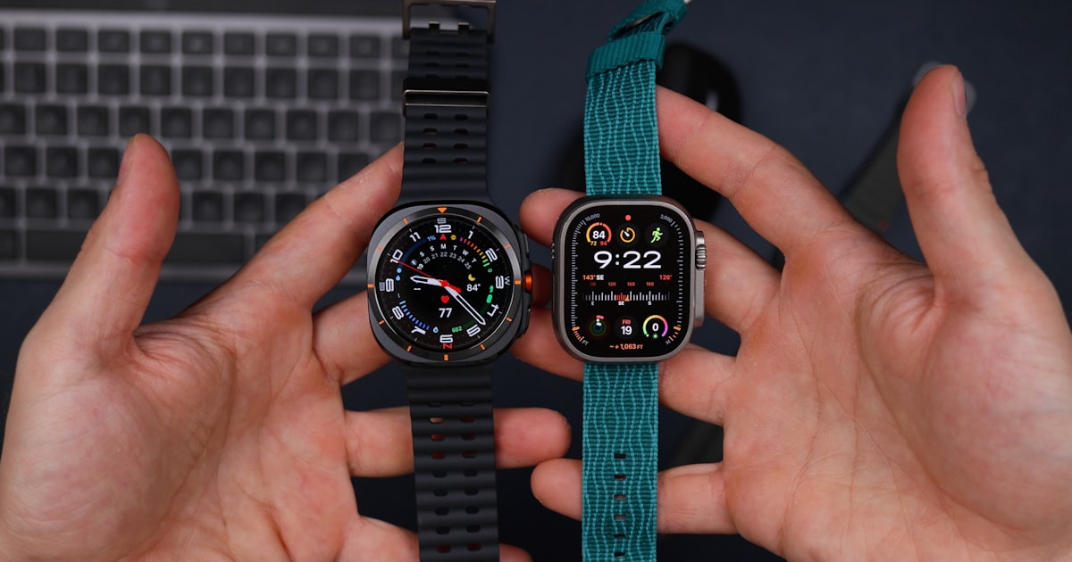 Two hands holding two different smartwatch models