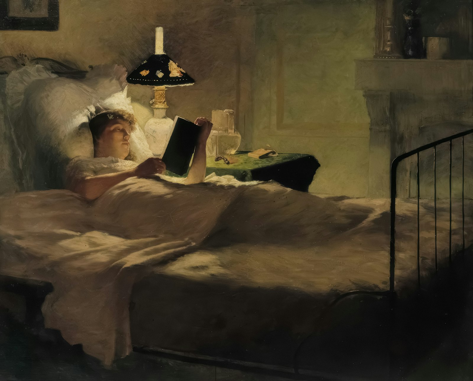 Woman reading in bed by the warm light of a nightstand lamp